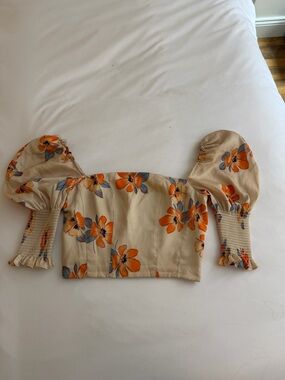 Nicholas Floral Off-Shoulder Puff Sleeve Crop Top in Beige and Orange